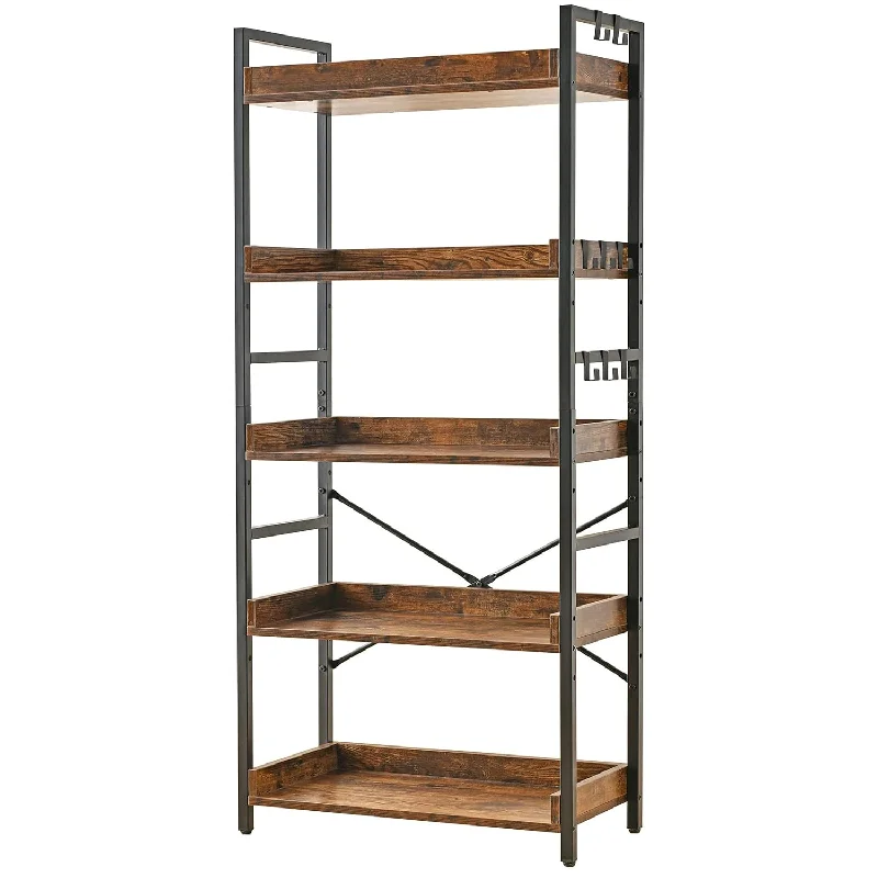 Bookshelf Adjustable 5 Tier Open Bookcase,Rustic Farmhouse Book Shelves, Indus