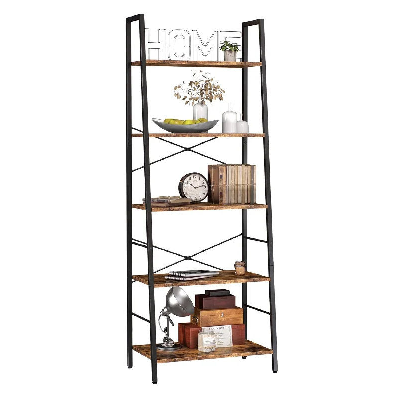 Bookshelf, Ladder Shelf 5-Tier Bookcase For Bedroom, Industrial Book Shelves S