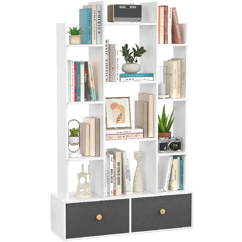 Bookshelf With 2 Drawers Free Standing Bookcase, Office Storage Shelf Organize