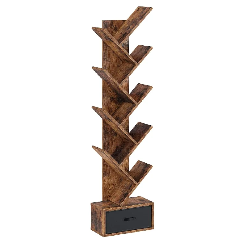 Bookshelf With Drawer, 9 Shelf Tree Bookshelf, Wooden Bookshelves Storage Rack