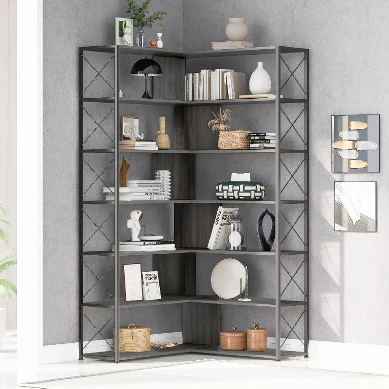 Corner Bookcase, 7-Tier L-Shaped Tall Bookshelf With Open Storage, Freestandin