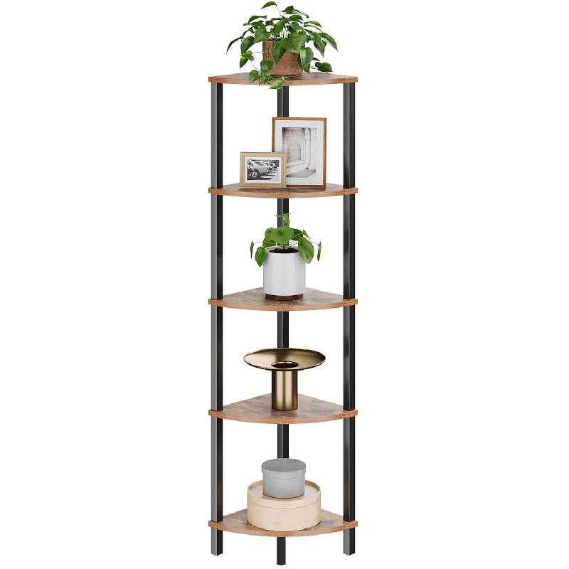 Corner Shelf, 5-Tier Corner Bookshelf, Industrial Corner Ladder Shelf, Rustic