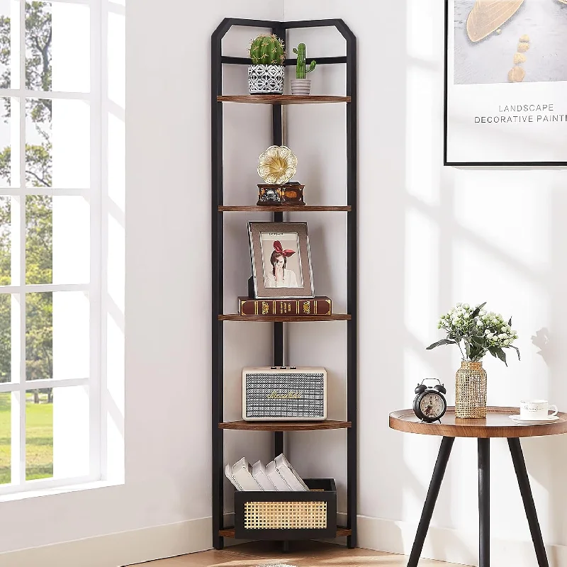 Corner Shelf, 5-Tier Industrial Corner Bookshelf, Freestanding Corner Shelf St