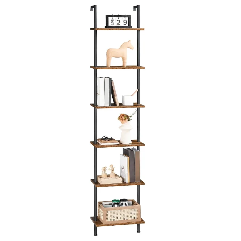 Diy Ladder Shelf, 6-Tier Wooden Wall Mounted Bookshelf, Narrow Bookcase, Displ