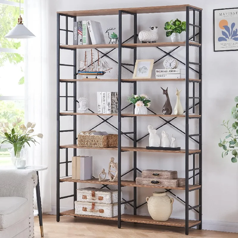 Double Wide 7-Tier Bookshelf,Industrial Bookcases With Metal Frame,Open Large