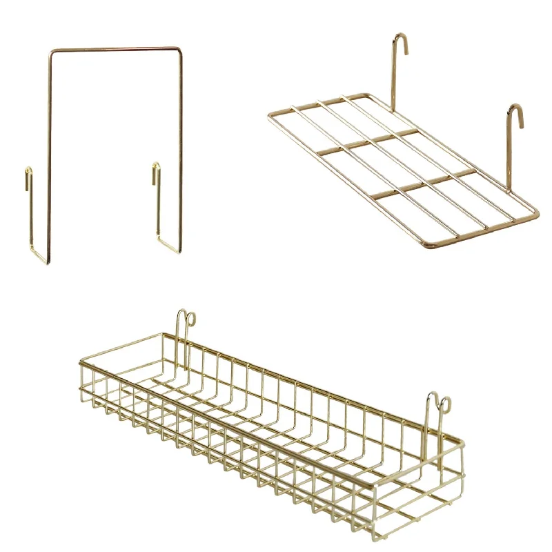 Gold Grid Basket With Hooks,Bookshelf,Display Shelf For Wall Grid Panel,Wall M