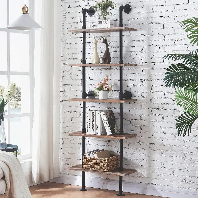 Hombazaar 5-Shelf Rustic Industrial Bookshelf Ladder Shelf, Vintage Pipes And