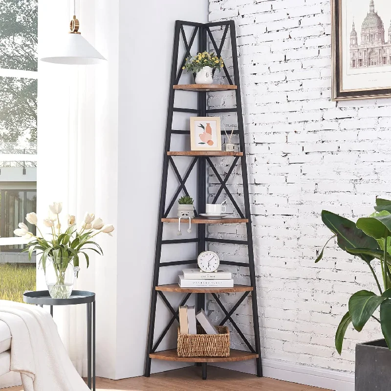 Hombazaar 5-Tier Industrial Corner Bookshelf, Vintage Wood Look Accent With Me