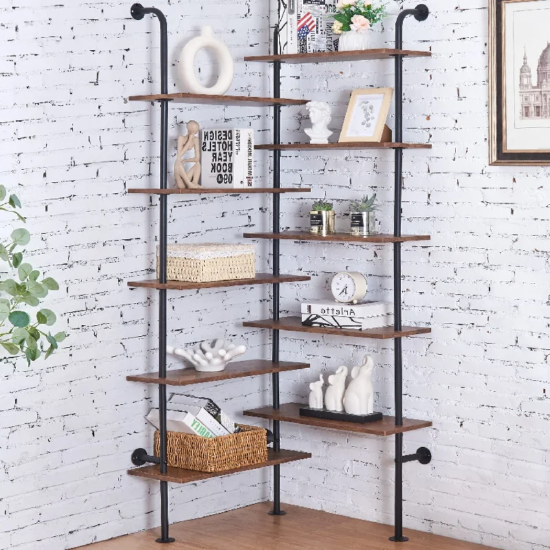 Hombazaar Bookshelf,10-Tier L Shaped, Industrial Double Wide Wall Mount, Moder