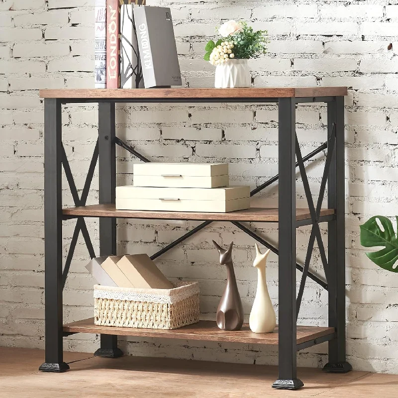 Hombazaar Bookshelf, 3-Tier Industrial Bookshelves, Wood And Metal Bookcase,Fr