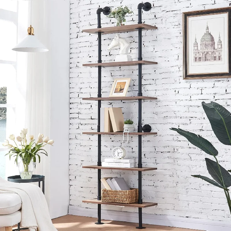 Hombazaar Industrial Bookshelf 6-Tier Modern Ladder Shelf, Vintage Metal Pipes