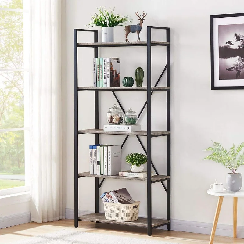 Industrial Bookshelf, Etagere Bookcases And Book Shelves 5 Tier, Rustic Wood A