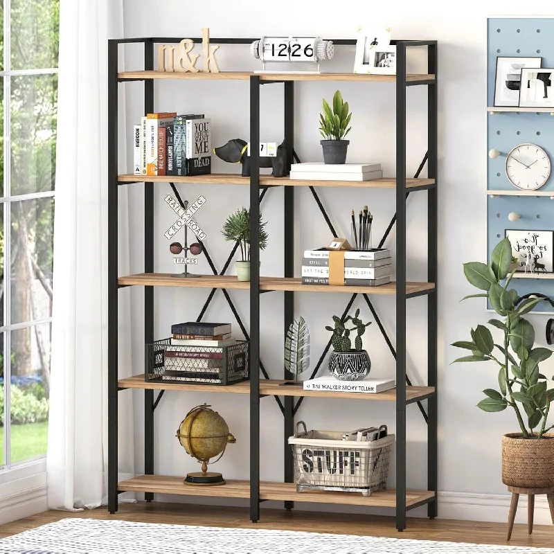 Industrial Bookshelf, Large 5 Tier Book Shelves For Office, Rustic Open Etager