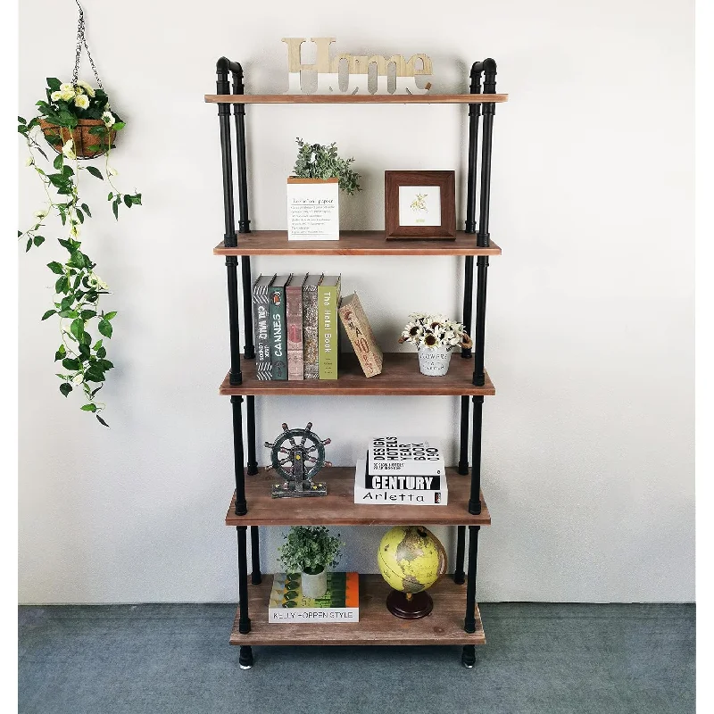 Industrial Bookshelves, Wood Pipe Bookshelf, 5 Shelf Rustic Display Storage Ta