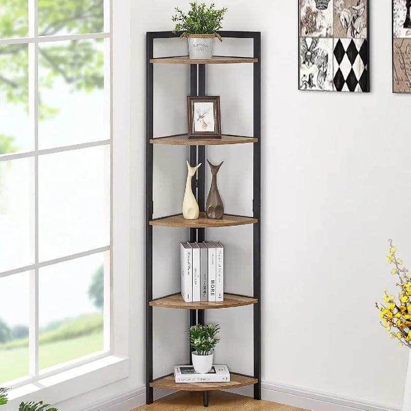 Industrial Corner Shelf, 5 Tier Tall Corner Bookshelf, Wood And Metal Corner B