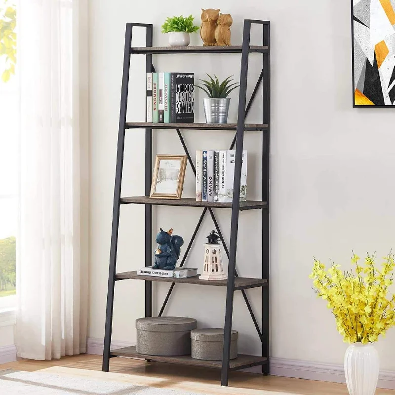 Industrial Ladder Shelf, Rustic 5 Tier Leaning Bookshelf, Wood Metal Ladder Bo