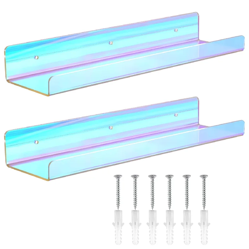 Iridescent Acrylic Floating Shelves, 2 Pieces 15Inch Wall Mount Bookshelf With