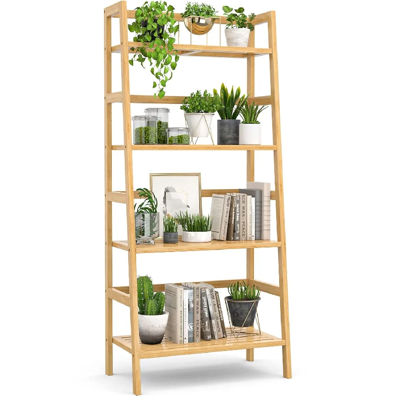 Ladder Bookshelf, 4-Tier Bamboo Ladder Shelf 49.2” Book Shelf Bookcase Floor F