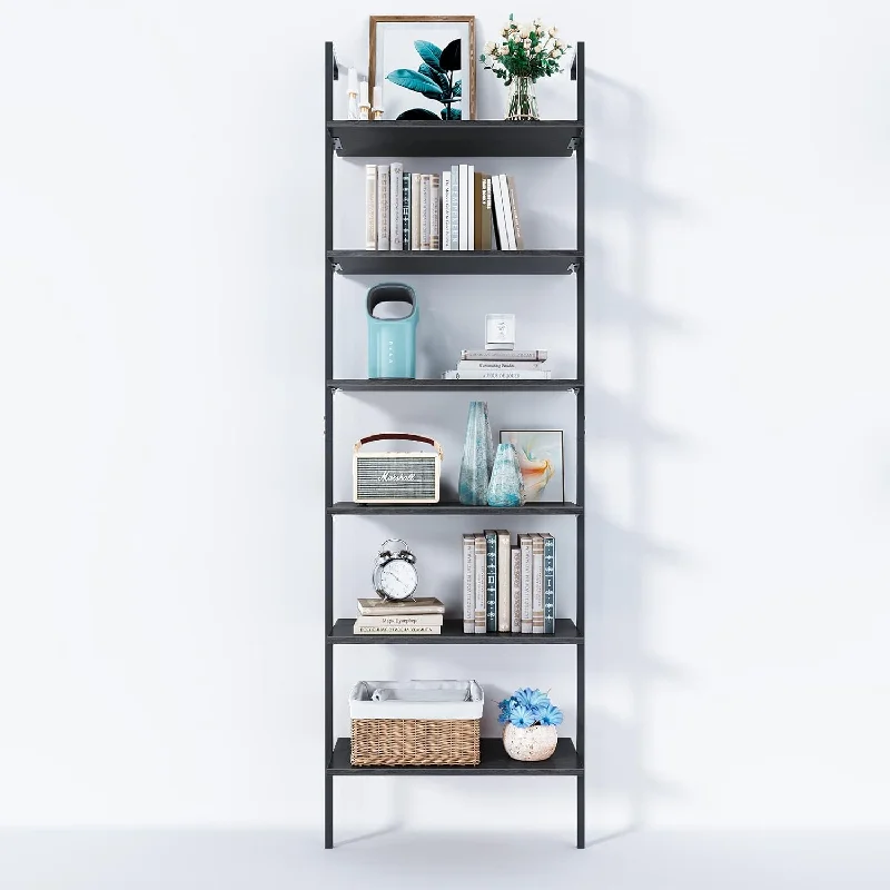 Ladder Shelf, 87 Inches Wall Mounted Ladder Bookshelf With Metal Frame, Open I