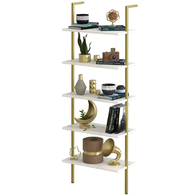 Ladder Shelf White Marble Open Bookshelf 5-Tier Wall-Mounted Wood Rack Industr