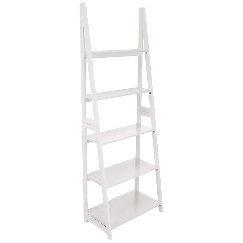 Modern 5-Tier Ladder Bookshelf Organizer, Solid Rubberwood Frame - White