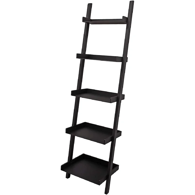 Modern 5-Tier Wood Ladder Bookshelf, Black