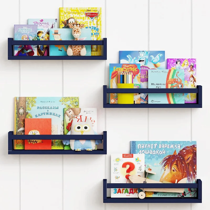 Navy Blue Floating Book Shelves For Nursery Boy, Decorative Wall Bookshelf For