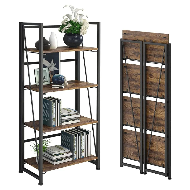 No-Assembly Folding Bookshelf Storage Shelves 4 Tiers Vintage Multifunctional