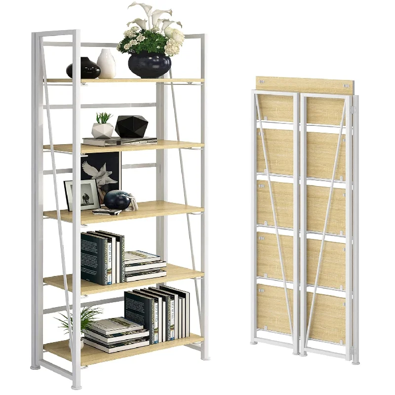 No-Assembly Folding Bookshelf Storage Shelves 5 Tiers Vintage Multifunctional