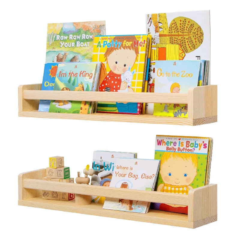 Nursery Book Shelves Set Of 2 - Rustic Natural Solid Wood Floating Bookshelf F