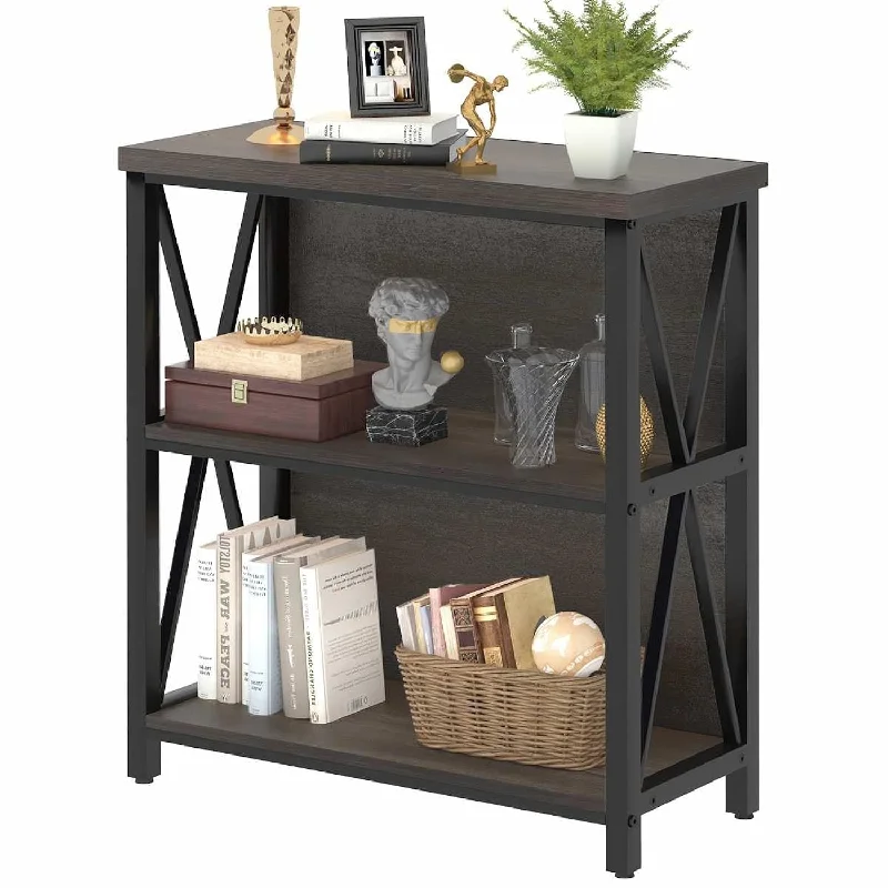 Rustic Short 2 Shelf Bookshelf, Industrial Low Wood Bookcase, Farmhouse Small