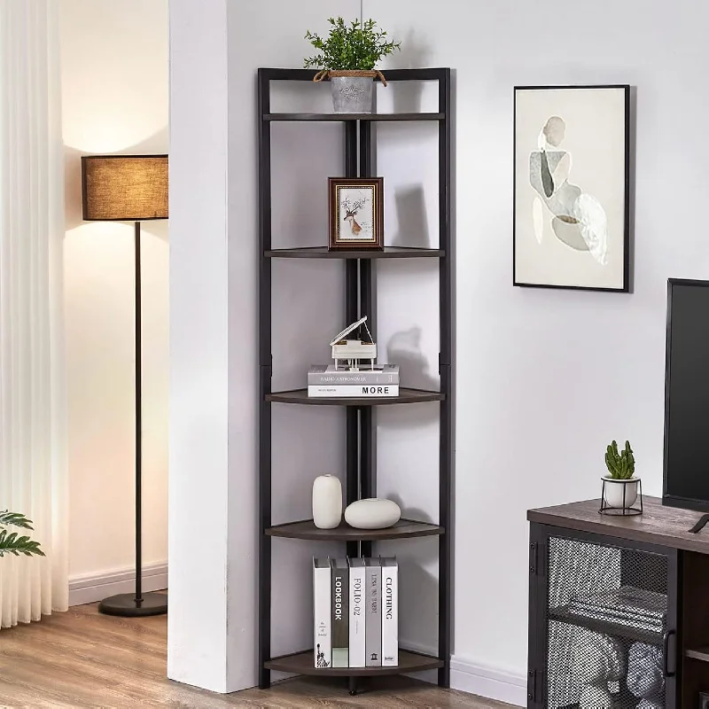 Rustic Tall Corner Bookshelf, 5 Tier Industrial Corner Shelf Stand, Dark Wood