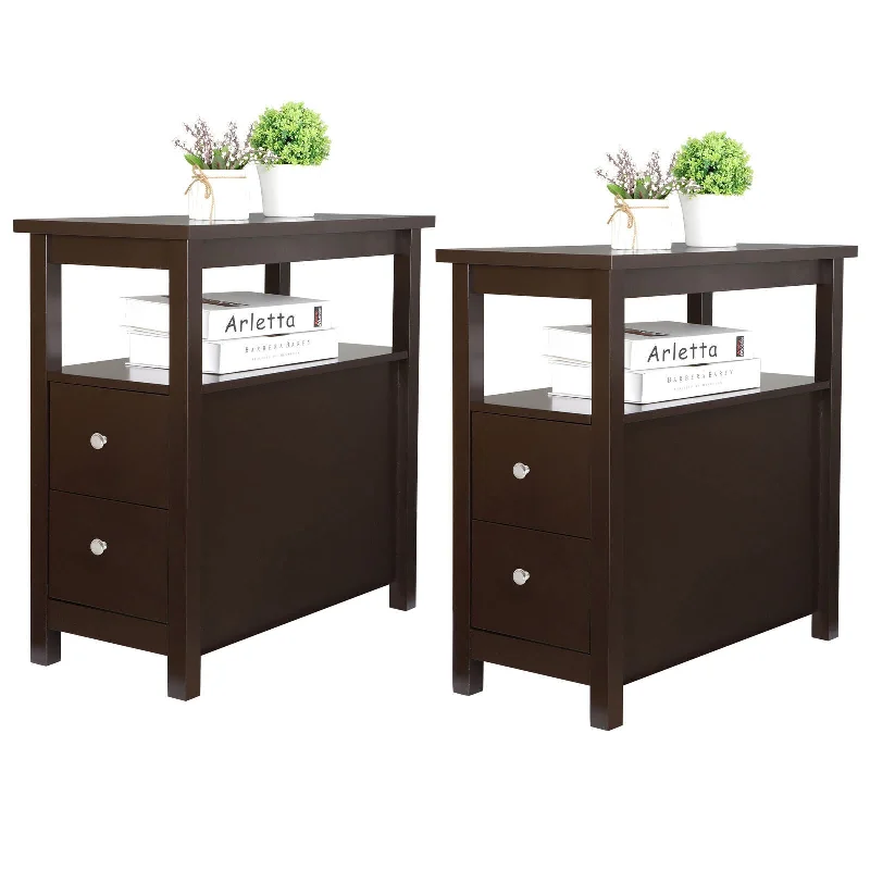 Set Of 2 End Table Furniture Mdf Bookshelf Storage Rack 2 Drawer For Living Room