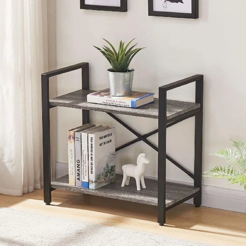 Small Bookshelf For Small Space, 2 Shelf Low Metal Bookcase, Industrial Two Ti