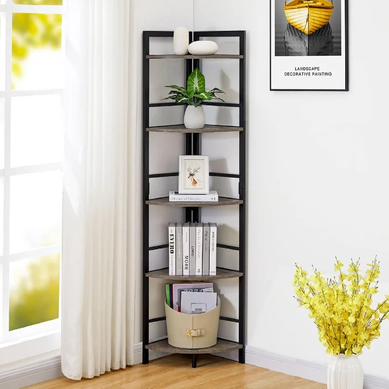 Tall Rustic Corner Shelf Stand, 5 Tier Wood And Metal Corner Bookshelf, Farmho