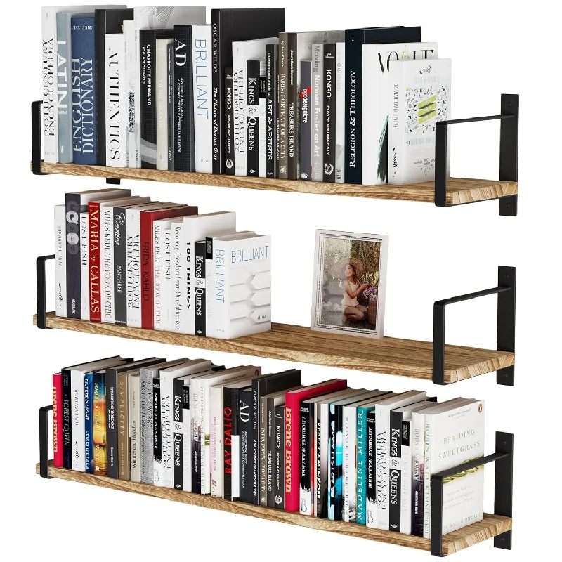 Toledo Wood Floating Shelves For Wall Storage, Floating Bookshelf Set Of 3, 24