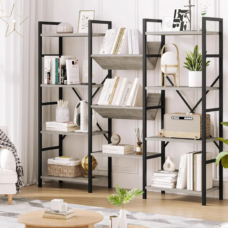 Triple Wide 4 Tier Book Shelf, Tall Bookshelf With Open Display Shelves, Indus