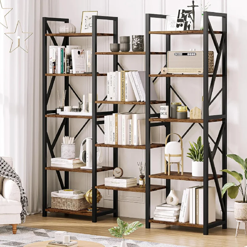 Triple Wide 5 Tier Book Shelf, Tall Bookshelf With Open Display Shelves, Indus