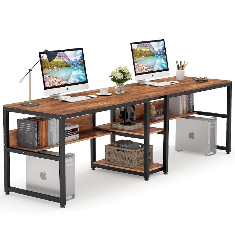 Two Person Desk With Bookshelf, 78.7 Computer Office Double Desk For Two Perso