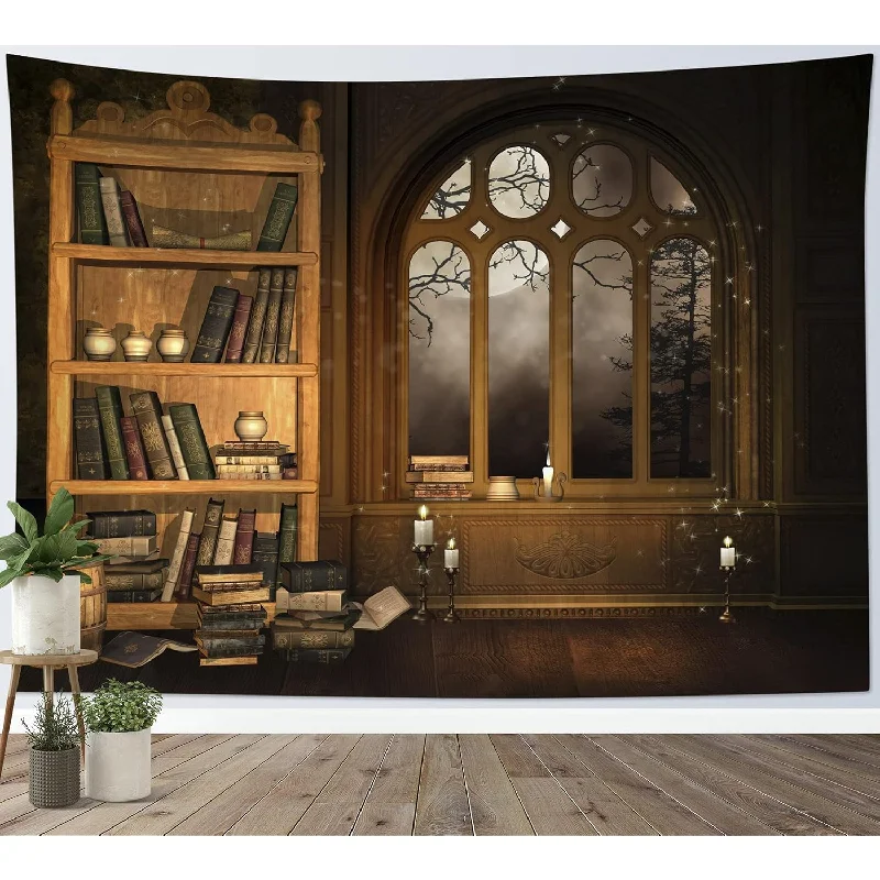 Vintage Bookshelf Tapestry Wall Hanging Magical Witch Bookshelf Tapestries Ful