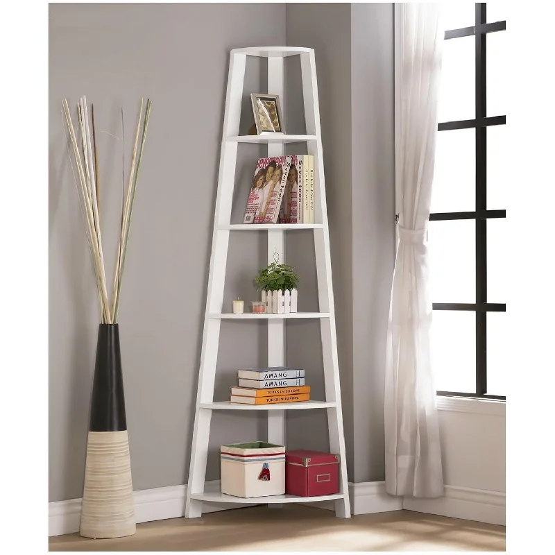 White Finish Wood Wall Corner 5-Tier Bookshelf Bookcase Accent Etagere