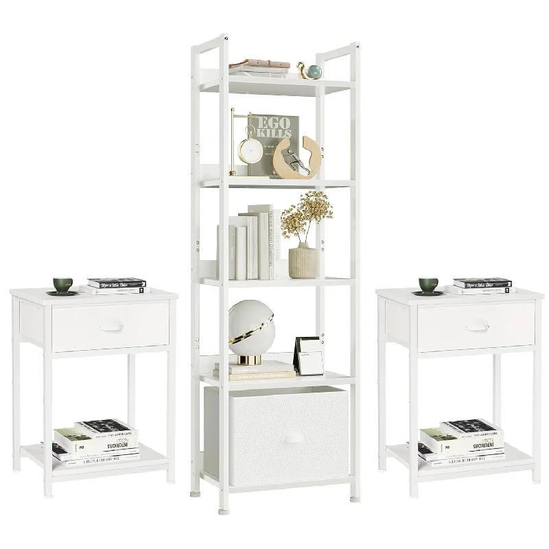 White Nightstands Set Of 2 And 5 Tier Bookshelf With Drawer, Small Side Table