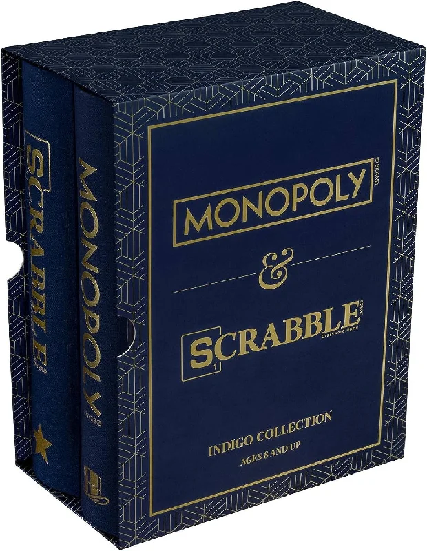 WS Game Company 41435 Monopoly and Scrabble Indigo Bookshelf Game Collection