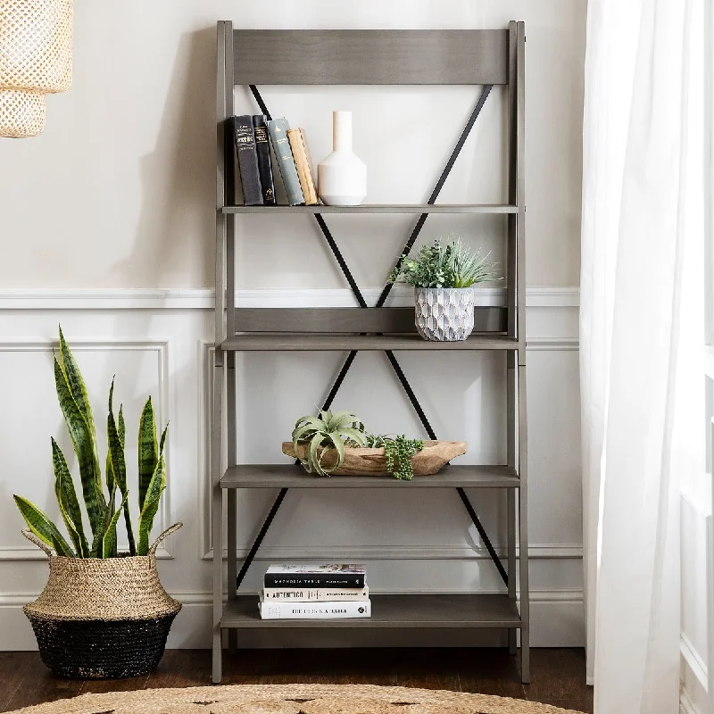 Walker Edison 68" Solid Wood Ladder Bookshelf - Grey