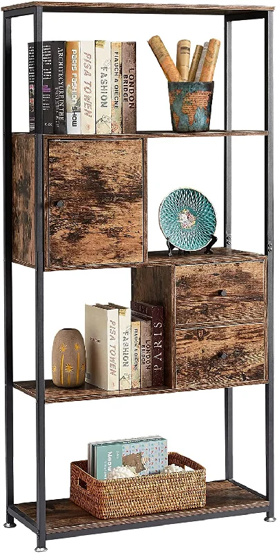 VECELO Bookshelf,4-Tier Metal Frame Book Shelf,Open Display Shelf with 2 Drawers and 1 Cabinet