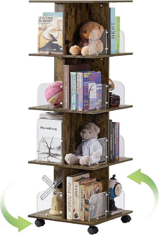 VECELO 4 Tier Rotating Bookshelf Tower,360° Corner Display Shelf with Wheels