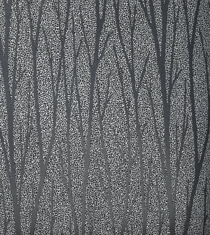 Birch Trail Wallpaper in Black Satin and Silver Glitter from the Essential Textures Collection