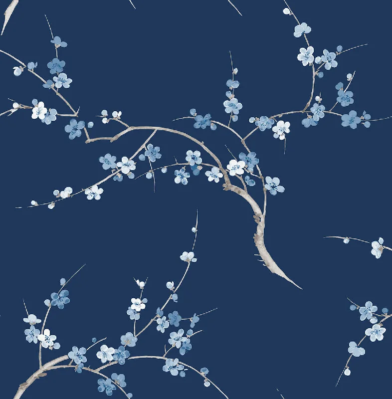 Cherry Blossom Floral Peel-and-Stick Wallpaper in Navy and Blue Jay