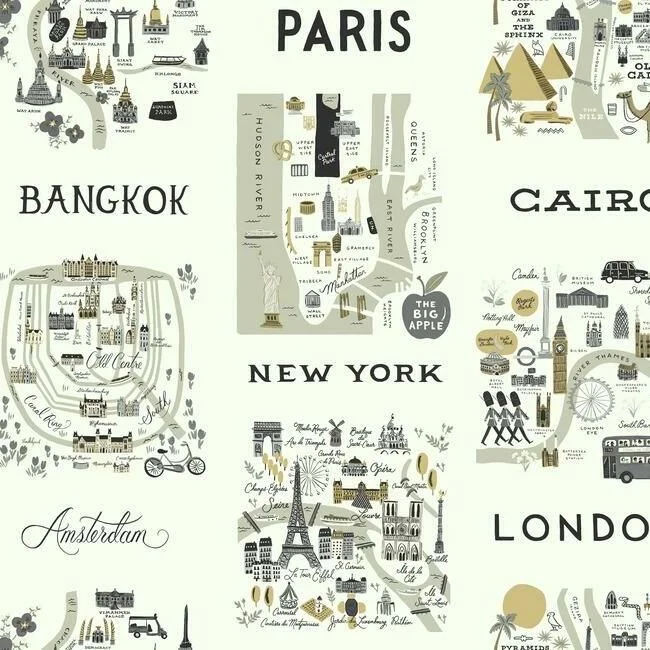 City Maps Wallpaper in Grey and Gold from the Rifle Paper Co. Collection