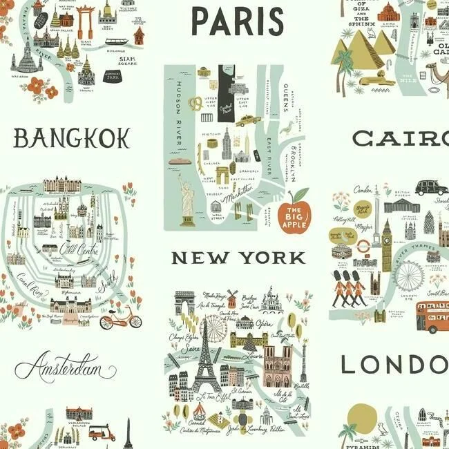 City Maps Wallpaper in Mint from the Rifle Paper Co. Collection